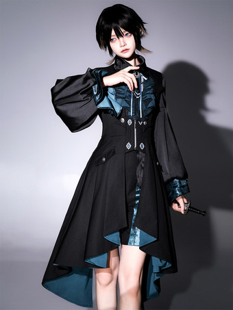 Ouji Lolita Gothic Dresses Black Pants Long Sleeves Classic Ruffles Overcoat Cravat Dress Sets