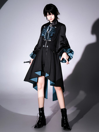 Ouji Lolita Gothic Dresses Black Pants Long Sleeves Classic Ruffles Overcoat Cravat Dress Sets