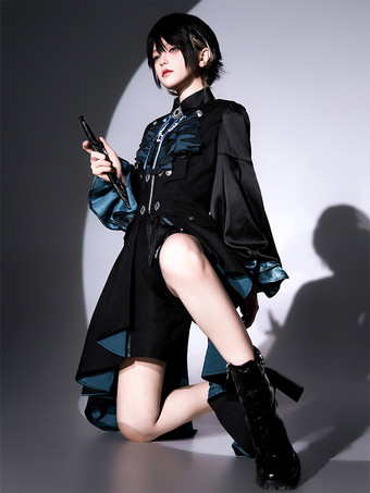 Ouji Lolita Gothic Dresses Black Pants Long Sleeves Classic Ruffles Overcoat Cravat Dress Sets