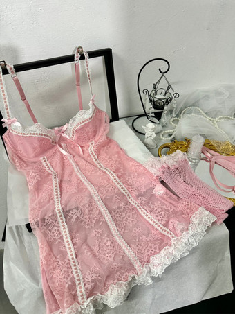 ピンクベビードール ランジェリー レディース ブラック レース ツートン ドレス パンティ ストッキング 3点セット