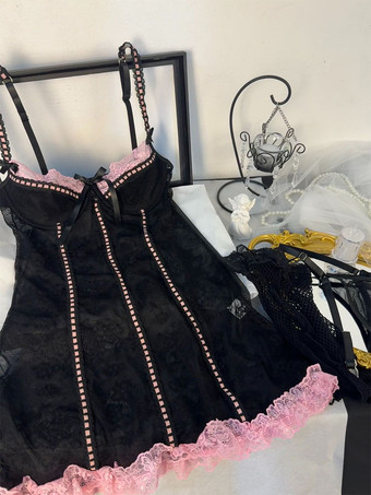 ブラック ベビードール ランジェリー レディース ブラック レース ツートン ドレス パンティ ストッキング 3点セット