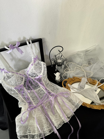 ベビードールランジェリー セクシー ホワイト レース ツートン 透け メッシュ シースルー クラバット パンティ ドレス 3点セット