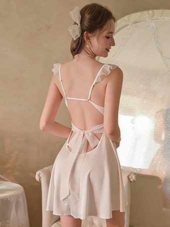 ベビードールランジェリー セクシー ホワイト レース ツートン バックレス サテン スリップ パッド入り ナイトガウン