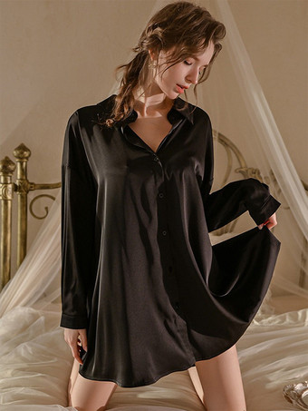 ブラック パジャマ スリープウェア ローブ ホワイトリボン シルク風 バックレス ランジェリー