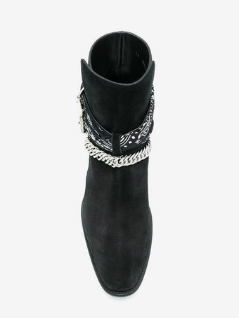 スエードアンクルブーツ メンズ ラウンドトゥ チェーンディテール チャンキーヒールブーツ