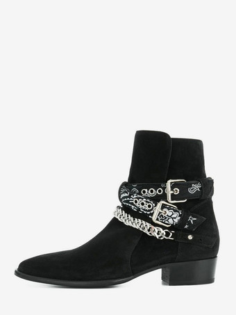 スエードアンクルブーツ メンズ ラウンドトゥ チェーンディテール チャンキーヒールブーツ