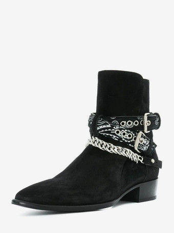 ブラック スエードアンクルブーツ メンズ ラウンドトゥ チェーンディテール チャンキーヒールブーツ