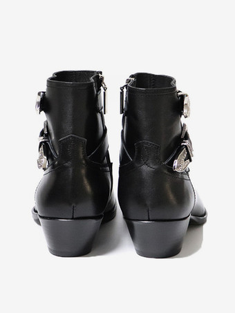 ブラックアンクルブーツ メンズ ラウンドトゥ バックルデザイン チャンキーヒール カウボーイブーツ