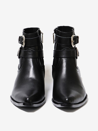 ブラックアンクルブーツ メンズ ラウンドトゥ バックルデザイン チャンキーヒール カウボーイブーツ