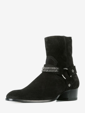 ブラック スエードアンクルブーツ ブラック メンズ チェーンディテール チャンキーヒール ウエスタンブーツ