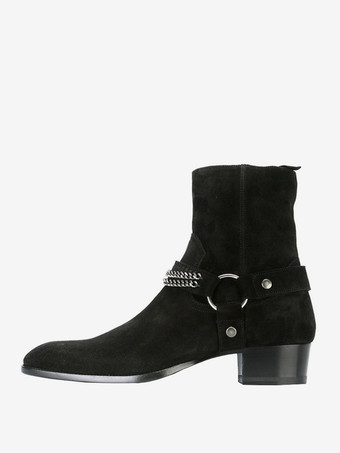 スエードアンクルブーツ ブラック メンズ チェーンディテール チャンキーヒール ウエスタンブーツ