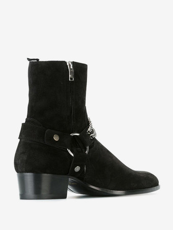 スエードアンクルブーツ ブラック メンズ チェーンディテール チャンキーヒール ウエスタンブーツ
