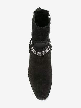 スエードアンクルブーツ ブラック メンズ チェーンディテール チャンキーヒール ウエスタンブーツ