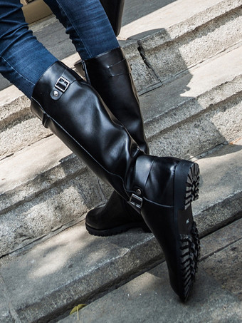 メンズ 乗馬ブーツ ブラック PU ラウンドトゥ バックルディテール ミッドカーフブーツ