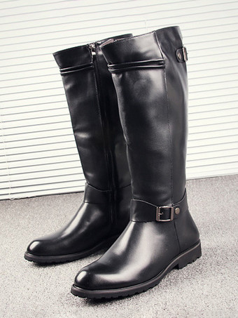 メンズ 乗馬ブーツ ブラック PU ラウンドトゥ バックルディテール ミッドカーフブーツ