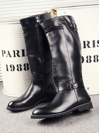 メンズ 乗馬ブーツ ブラック PU ラウンドトゥ バックルディテール ミッドカーフブーツ