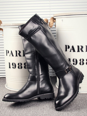 メンズ 乗馬ブーツ ブラック PU ラウンドトゥ バックルディテール ミッドカーフブーツ