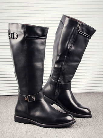 メンズ 乗馬ブーツ ブラック PU ラウンドトゥ バックルディテール ミッドカーフブーツ