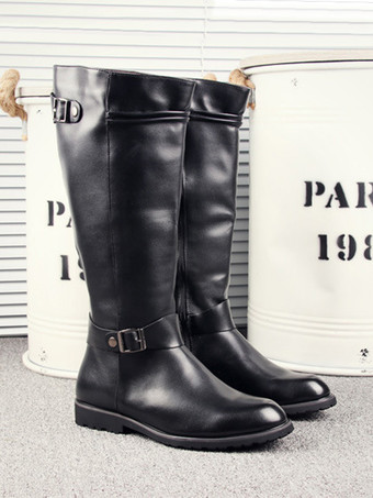 メンズ 乗馬ブーツ ブラック PU ラウンドトゥ バックルディテール ミッドカーフブーツ