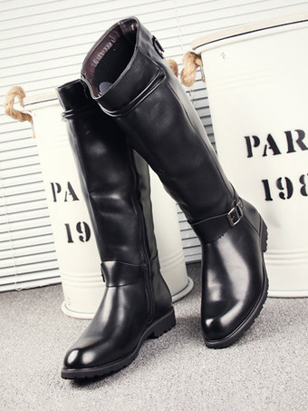 メンズ 乗馬ブーツ ブラック PU ラウンドトゥ バックルディテール ミッドカーフブーツ