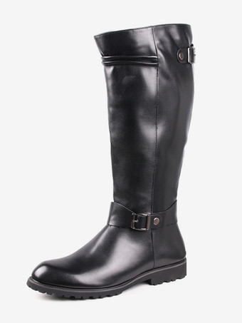 ブラック メンズ 乗馬ブーツ ブラック PU ラウンドトゥ バックルディテール ミッドカーフブーツ
