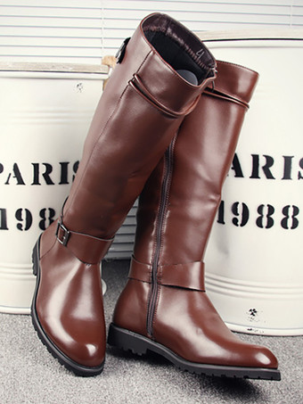 メンズ 乗馬ブーツ ブラック PU ラウンドトゥ バックルディテール ミッドカーフブーツ