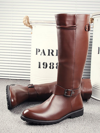 メンズ 乗馬ブーツ ブラック PU ラウンドトゥ バックルディテール ミッドカーフブーツ