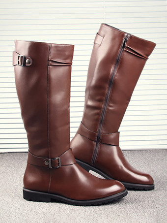 メンズ 乗馬ブーツ ブラック PU ラウンドトゥ バックルディテール ミッドカーフブーツ