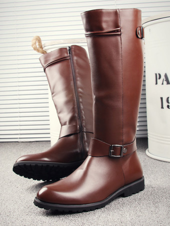 メンズ 乗馬ブーツ ブラック PU ラウンドトゥ バックルディテール ミッドカーフブーツ