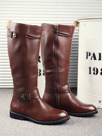 メンズ 乗馬ブーツ ブラック PU ラウンドトゥ バックルディテール ミッドカーフブーツ