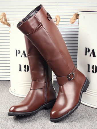 メンズ 乗馬ブーツ ブラック PU ラウンドトゥ バックルディテール ミッドカーフブーツ