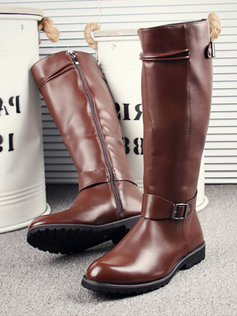 ブラウンメンズ 乗馬ブーツ ブラック PU ラウンドトゥ バックルディテール ミッドカーフブーツ