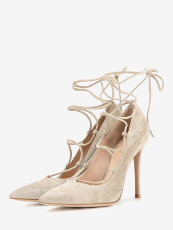 アイボリー スエードハイヒールポインテッドトゥクリスクロスドレスシューズレディース