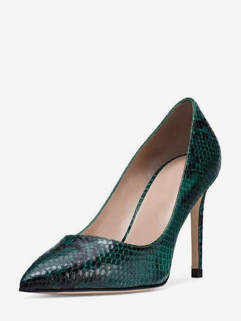 グリーン ハイヒールパンプス レディース ポインテッドトゥ スネーク柄 スリッポンシューズ