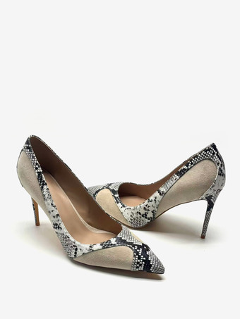 レディース ハイヒール ポインテッドトゥ スエード スネーク柄 スリッポン パンプス