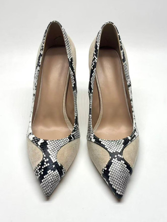 レディース ハイヒール ポインテッドトゥ スエード スネーク柄 スリッポン パンプス