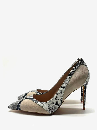 アイボリー レディース ハイヒール ポインテッドトゥ スエード スネーク柄 スリッポン パンプス