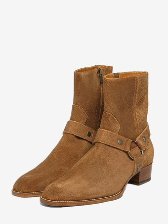 カーキ メンズ スエード アンクルブーツ ラウンドトゥ バックルディテール チャンキーヒール カジュアルブーツ