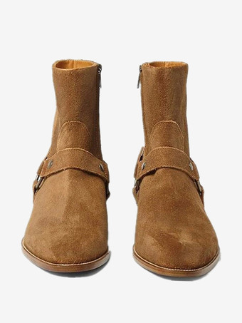 メンズ スエード アンクルブーツ ラウンドトゥ バックルディテール チャンキーヒール カジュアルブーツ
