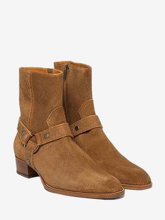 メンズ スエード アンクルブーツ ラウンドトゥ バックルディテール チャンキーヒール カジュアルブーツ