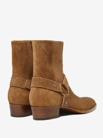 メンズ スエード アンクルブーツ ラウンドトゥ バックルディテール チャンキーヒール カジュアルブーツ