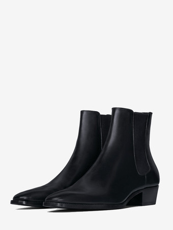 ブラック メンズ アンクルブーツ ラウンドトゥ スリップオン チャンキーヒール チェルシーブーツ