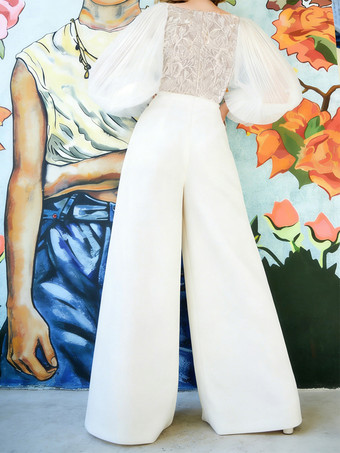 ブライダルジャンプスーツ チュール レース フロアレングス ジャンプスーツ Vネック 長袖 ナチュラルウエスト ホワイト