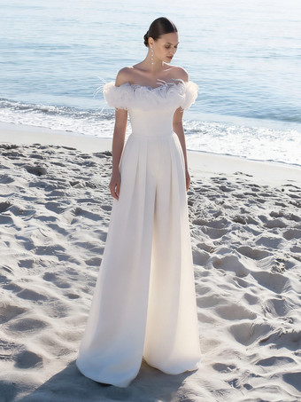 アイボリーブライダルジャンプスーツ ストレッチクレープフラワー フロアレングスジャンプスーツ バトーネック 半袖 ナチュラルウエスト ホワイト