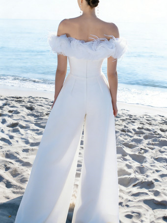 ブライダルジャンプスーツ ストレッチクレープフラワー フロアレングスジャンプスーツ バトーネック 半袖 ナチュラルウエスト ホワイト