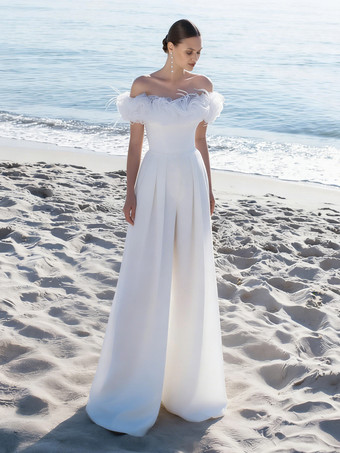 ホワイトブライダルジャンプスーツ ストレッチクレープフラワー フロアレングスジャンプスーツ バトーネック 半袖 ナチュラルウエスト ホワイト