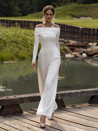 ホワイトブライダルジャンプスーツ ストレッチクレープ プリーツ アンクル丈 ジャンプスーツ バトーネック 長袖 ナチュラルウエスト ホワイト