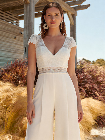 ブライダルジャンプスーツ レース カットアウト フロアレングス ジャンプスーツ Vネック 半袖 ナチュラルウエスト アイボリー