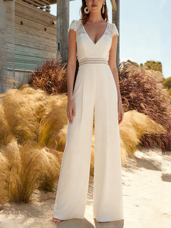 ブライダルジャンプスーツ レース カットアウト フロアレングス ジャンプスーツ Vネック 半袖 ナチュラルウエスト アイボリー
