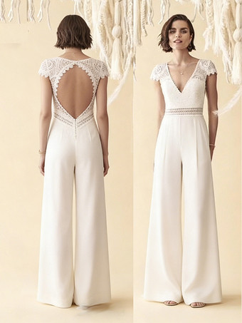 ブライダルジャンプスーツ レース カットアウト フロアレングス ジャンプスーツ Vネック 半袖 ナチュラルウエスト アイボリー